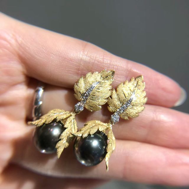 意大利织纹雕金珍珠耳环